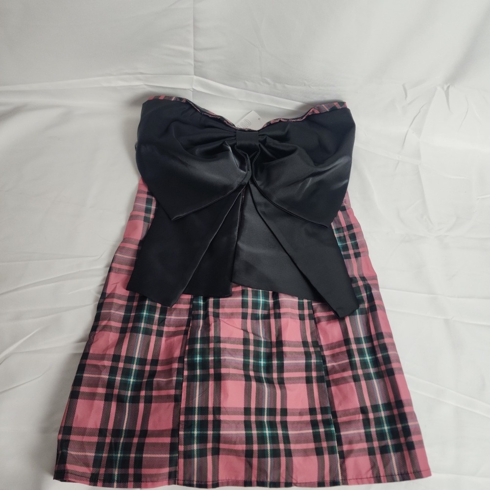 Urban Outfitters Emmery Bow Strapless Mini Dress in pink and black plaid Size XS